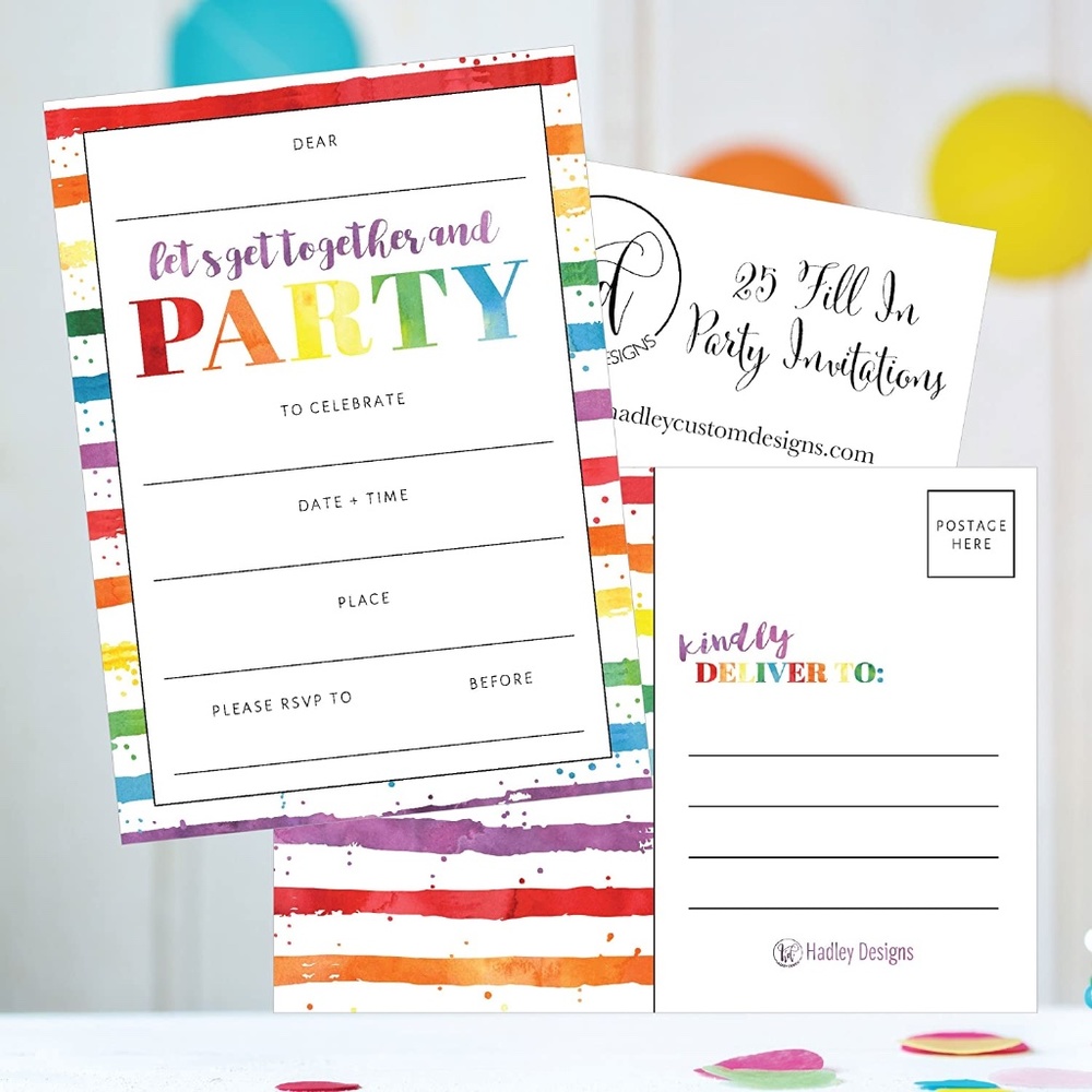 Hadley Designs 25 Art Stripe Rainbow Colorful Party Invitations Blank Fill In
